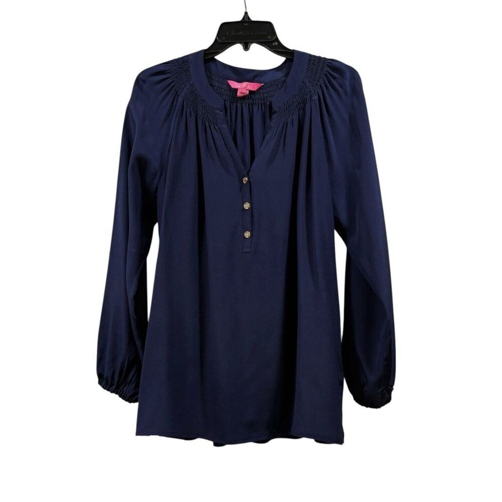 Lilly Pulitzer Elsa Silk Blouse Navy Blue Size M